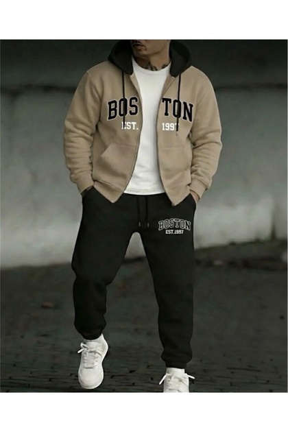 Boston Printed Double Color Hooded Zippered Oversize Sweatshirt and Sweatpants 2-Piece Set Three Yarns
