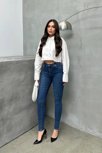 Women's Medium Blue High Waist Skinny Jean Pants Narrow Leg Slimming Stretchy Denim Jeans