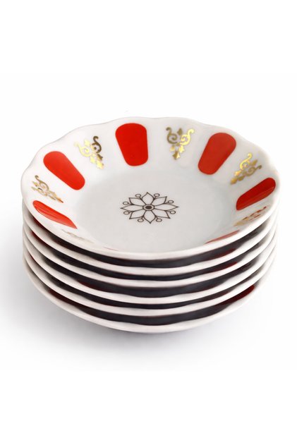 Porcelain Red Coffee Tea Plate for 6 People with Fingers on the Fins of the Plate