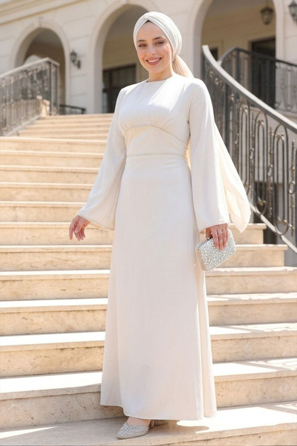N.S NEVA STYLE Satin Cream Hijab Evening Dress 61592Kr- Trendyol