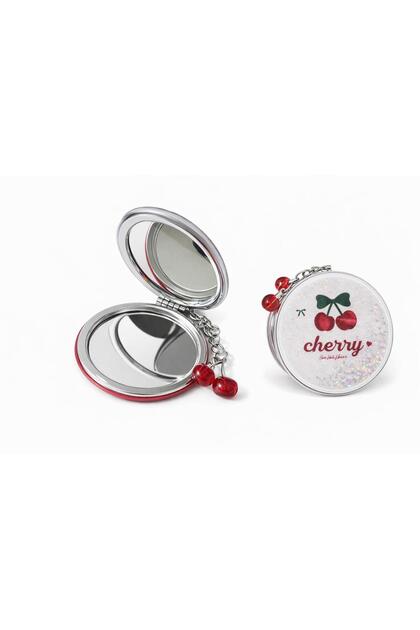 Kirazlı Charm Anahtarlık Cep Aynası Çanta Aynası Kapaklı El Makyaj Aynası Anahtarlıklı Çift Aynalı cherry