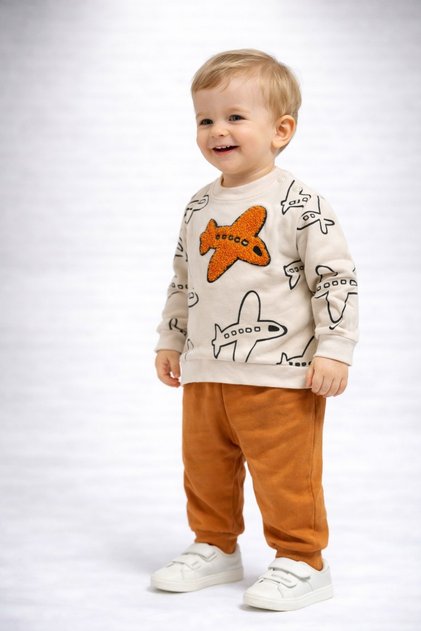 Baby Boy Airplane Embroidered Top and Bottom Set 2 Thread Non-Embroidered Seasonal Tracksuit Set 3-12 Months