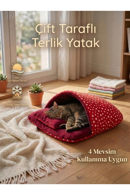 Terlik Model Çift Taraflı Kedi & Küçük Irk Köpek Yatağı - Kırmızı