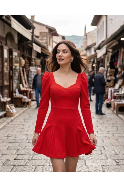 Kadın Elbise Kırmızı Mini Boy Göğüs Dekolteli Uzun Kollu Elbise