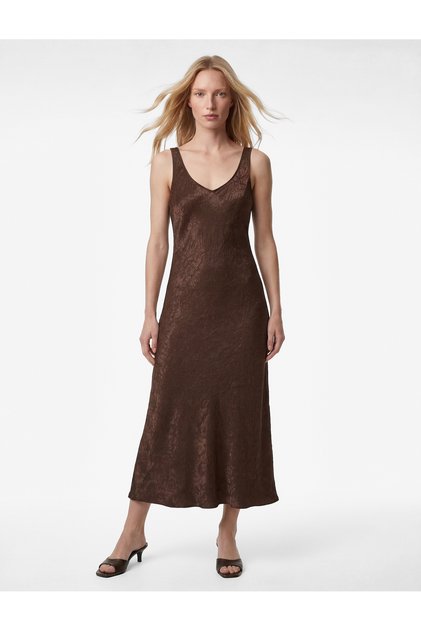 Rochie de seară midi din satin, fără mâneci, cu decolteu în U, croială slim