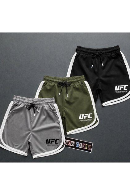 Noua tendință de sezon, țesătură tip fagure negru-kaki-roșu, pantaloni scurți sport casual cu dungi, imprimați UFC, 3 piese