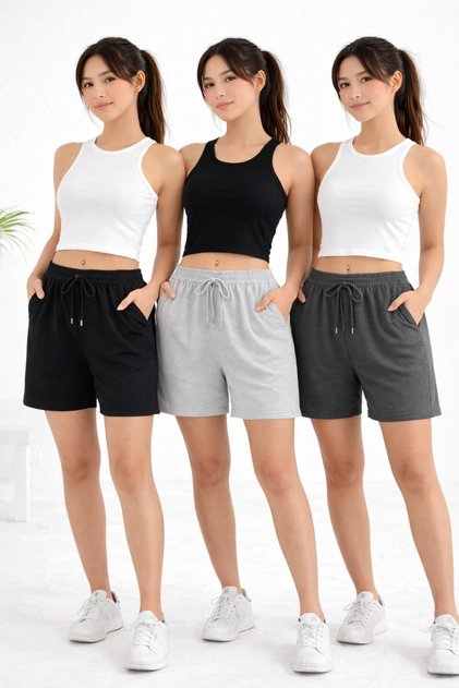 Women's Cotton 3-Piece Shorts Set Daily Comfortable Summer Shorts Black Gray Smoked