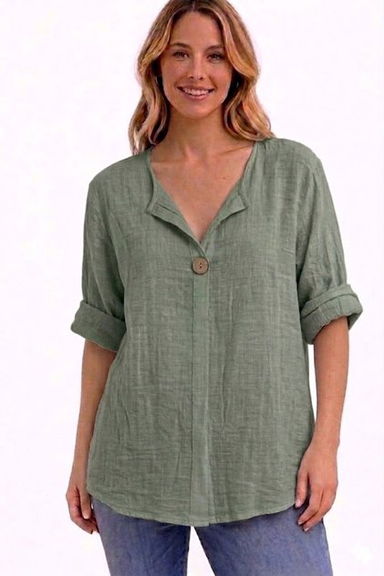 Women's Italian Khaki Button Detailed 3/4 Sleeve Oversize Loose 100% Cotton Blouse Tunic
