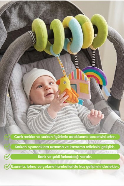 Bebek Arabası- Puset- Beşik Oyuncağı Spiral Çıngıraklı Peluş Aktivite Oyuncağı (3 Ay+)