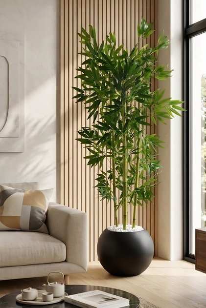 Yapay Yapraklı Bambu Ağacı 160 cm 4 Bambulu 27*33 Küre Saksı