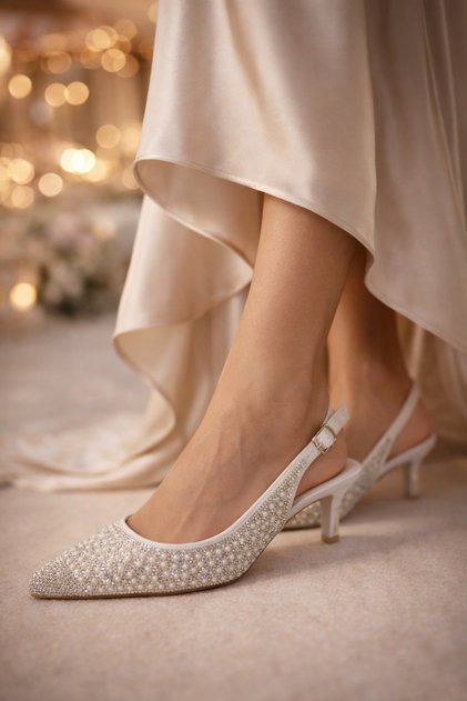✨ "White Pearl Stone Slingback Evening Dress Shoes 5 cm Kitten Heel Special Production Wedding Engagement Graduation"