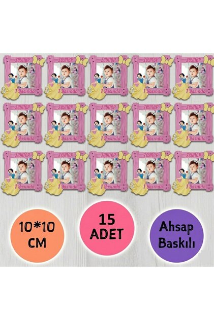 Prenses Tasarımlı Fotoğraflı İsimli Ahşap Magnet 15 Adet - Kız Bebek 1 Yaş Doğum Günü ve Mevlüt Hediyelikleri - 10x10 cm Taç Konseptli Resimli Dağıtmalık Set - Baby Shower Serisi