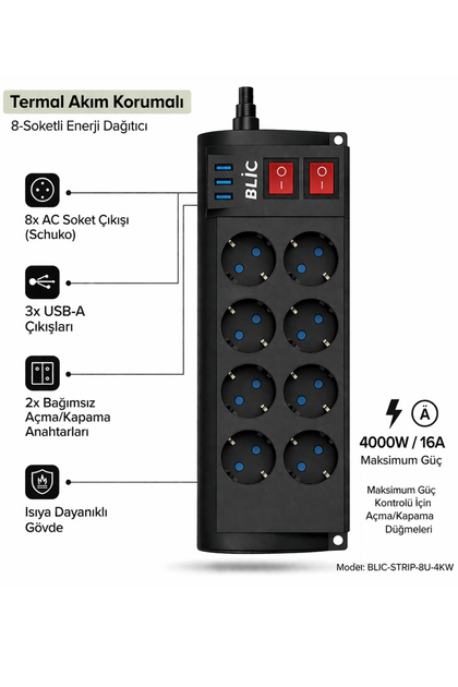 Blackbird Game Center Blic Ftr-08 8 Li Akım Korumalı Priz ve 3 USB