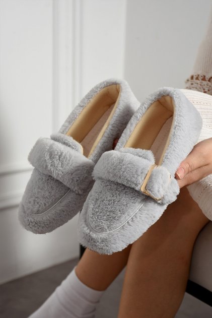 Yumuşak Peluş Tokalı Kadın Ev Babeti Ses Yapmaz Hafif Taban Panduf Ev Babeti