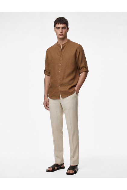 Regular Fit Long Sleeve Notched Collar Linen Shirt