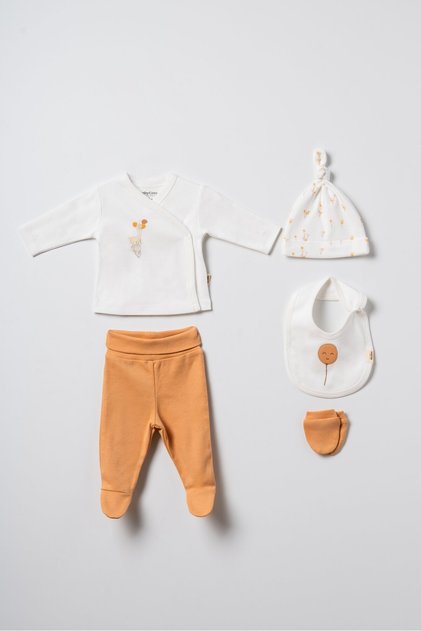 Unisex Baby Cotton Ecru Mustard 5-Piece Hospital Discharge Set - with Hat, Bib, and Gloves