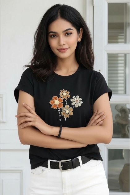 Women's Crew Neck Jersey Cotton Floral Embroidered Short Sleeve Sporty Stylish Blouse