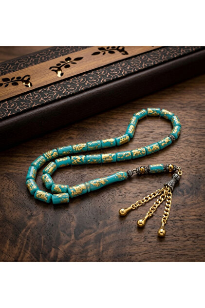 Mareluxe Golden Rosary Turkuaz Uçak Camı Yıldız Taşı Gold İşlemeli