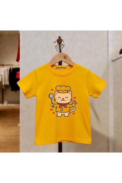 Chef Cat Printed 100% Cotton Crew Neck Kids Unisex T-Shirt 5 6 -7 8-9 10 -11 12 Years Old