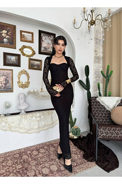 maf collection Women's Black Lace Detail Spanish Sleeve Long Length Evening Dress Graduation Dress- Trendyol maf collection Women's Black Lace Detail Spanish Sleeve Long Length Evening Dress Graduation Dress- Trendyol