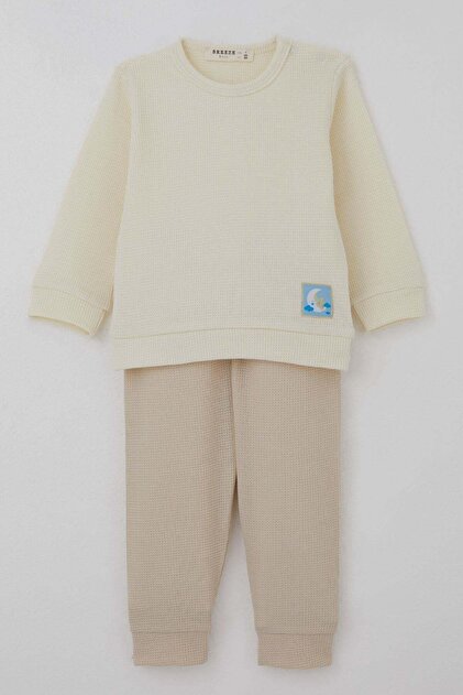Baby Boy Pajama Set with Shoulder Patches, Cute Sleepy Star Emblem, 4 Months-1 Year, Cream