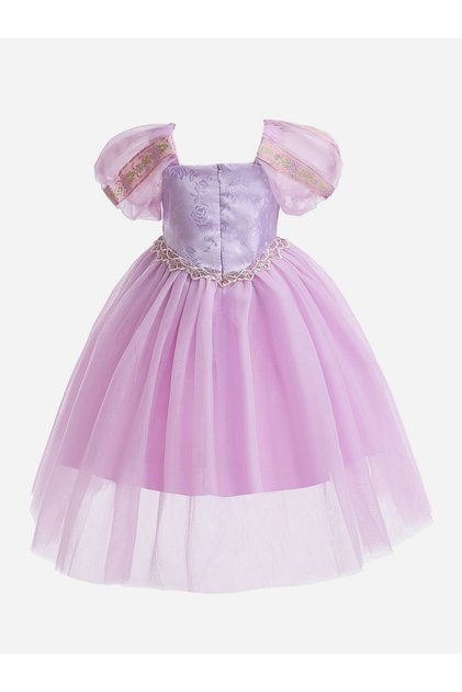 Girls Puff Sleeve Lace Trim Tie Front Princess Party Dress