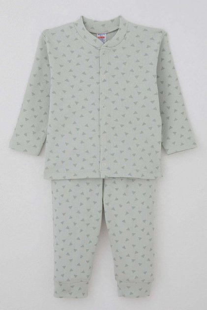 Baby Boy Pajama Set with Mini Triangle Pattern and Snap Fasteners on the Front, 4 Months-1 Year, Water Green