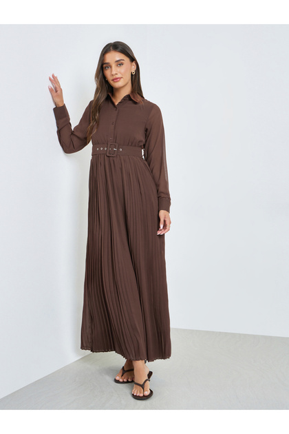 Brown Pleated Maxi Dress with Belt
