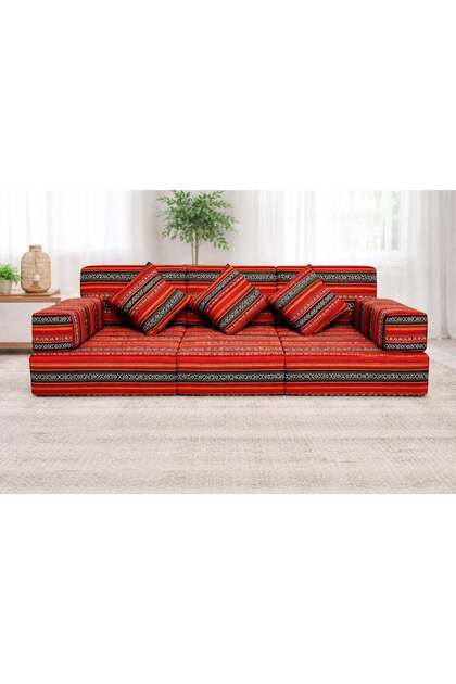 Traditional Arabic Majlis Floor Sofa – 3 Seater (Red Geometric Design)