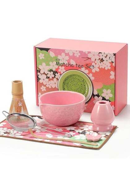 7-Piece Ceramic Matcha Tea Set with Bamboo Whisk,Bowl,and Sifter,Pink