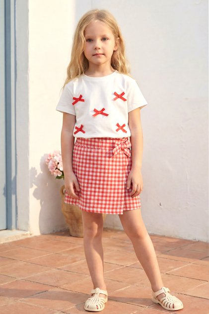Girl's Top and Bottom Set Summer Plaid Shorts with Skirt and Bow Detail Red
