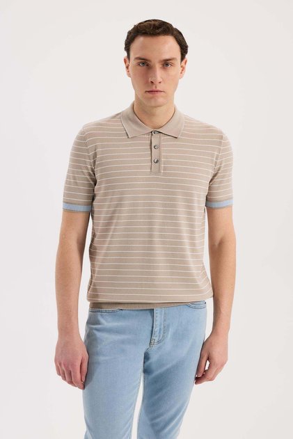 Beige Slim Fit Striped Rayon Polo Collar T-Shirt