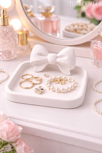 Minimal Jewelry Organizer Tray with Bow Detail for Rings, Earrings, Necklaces Organizer Stand (Plastic)