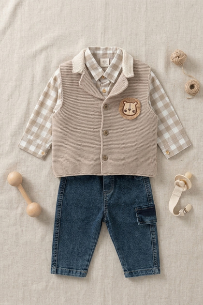 Baby Boy 3-Piece Set with Lion Figure Knitted Vest; Knit Vest, Shirt, and Denim Pants