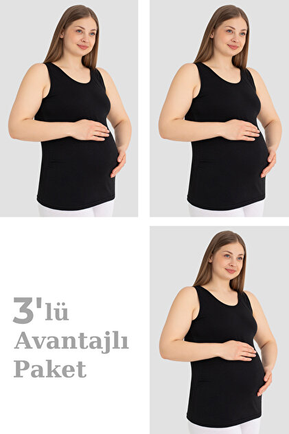 Hamile Atlet Kalın Askılı Pamuklu Likralı Esnek Siyah 3'lü Paket