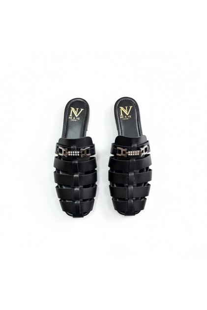 Black Leather Women's Square Toe Sabo Slippers with Accessory Detail