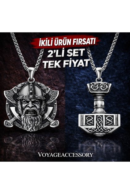 Set of Two Stainless Steel Viking Warrior and Mjolnir Thor Hammer Viking Necklaces