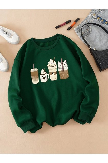 Brown Green Black Crew Neck Printed Oversize Sweatshirt