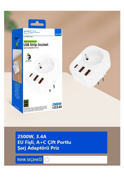 AC-115 2500W 3.4A 2 usb-A 1 type-C 1 soket Akım Korumalı Şarj Adaptörü Priz Çoğaltıcı