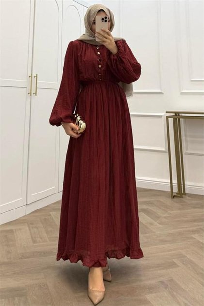 Women's Burgundy Skirt with Ruffles and Button Details Cotton Loose-Fitting Hijab Dress Nms086
