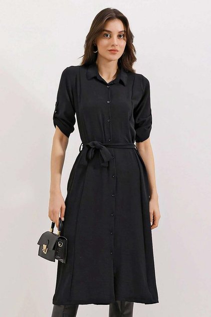 Women's shirt collar belted waist button-down solid trendy shirt dress 2442