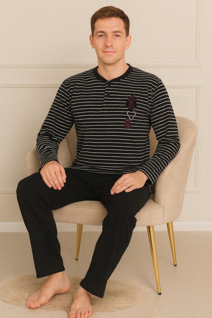Men's Interlock Ribbed Long Sleeve Two-Button Collar Chest Embroidery Six Long Pajama Set