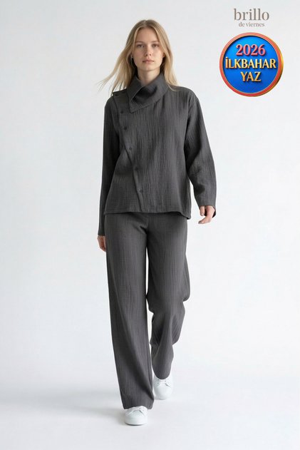 Asymmetrical Button Detail Stand Collar Anthracite Top and Bottom Set