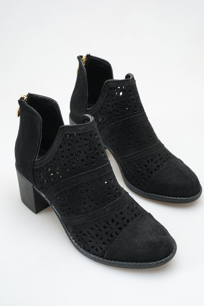 Women's Black Suede Laser Cut Perforated Summer Boots