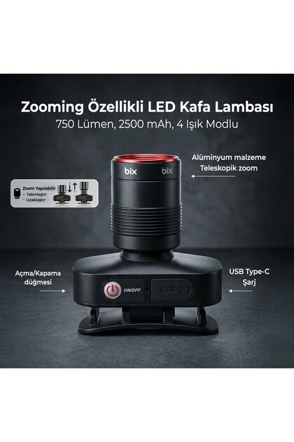 B＋com4XLite Bix BXT1FL 10W Şarj Edilebilir Kafa Feneri 750 Lümen 2500mAh 4