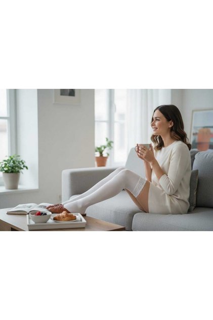 Women's lace-trimmed over-the-knee cotton combed socks (1 pair)