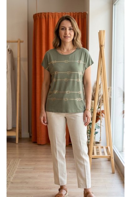 Low-Sleeve Combed Cotton Blouse with Shiny Print on the Front