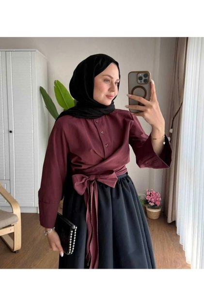 Women's Belted Skirt with Tie Waist and Burgundy Shirt Top
