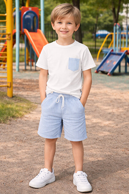 Boys' Summer Shorts Set 3-9 Years Old Cotton Striped Shorts Pocket T-Shirt Set of 2