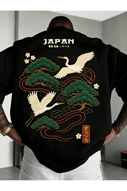 Unisex Kadın/Erkek JAPAN Özel Baskılı Oversize Penye Bisiklet Yaka T-Shirt